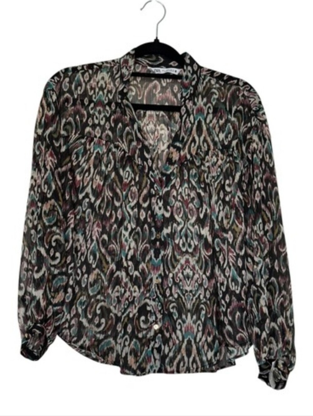 Zara Women's Ikat Paisley Metallic Sheer Button Up Blouse Multicolor Gold Sz S